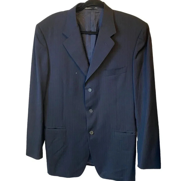 CANALI Mens 3 Button Sport Coat Blazer 42/L Navy Pinstripe Pure New Wool Italy - Picture 1 of 10